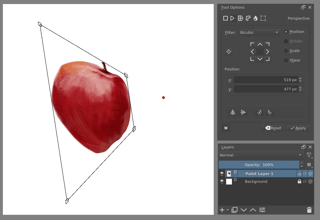 Krita áp dụng Perspective Transform lên quả táo bằng các tay nắm góc