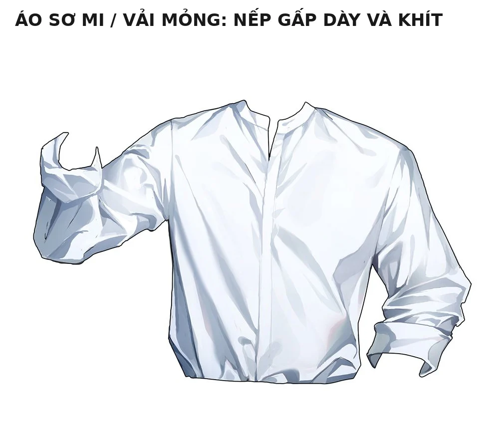 Áo sơ mi vải mỏng với nhiều nếp gấp hẹp, cạnh gãy rõ và tập trung quanh khuỷu tay