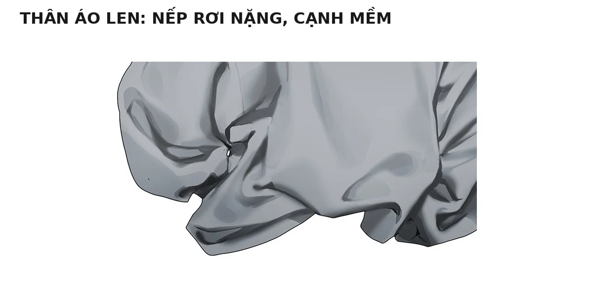 Cận cảnh thân áo len vải dày với nếp rơi nặng, diện gấp rộng và cạnh sáng tối mềm