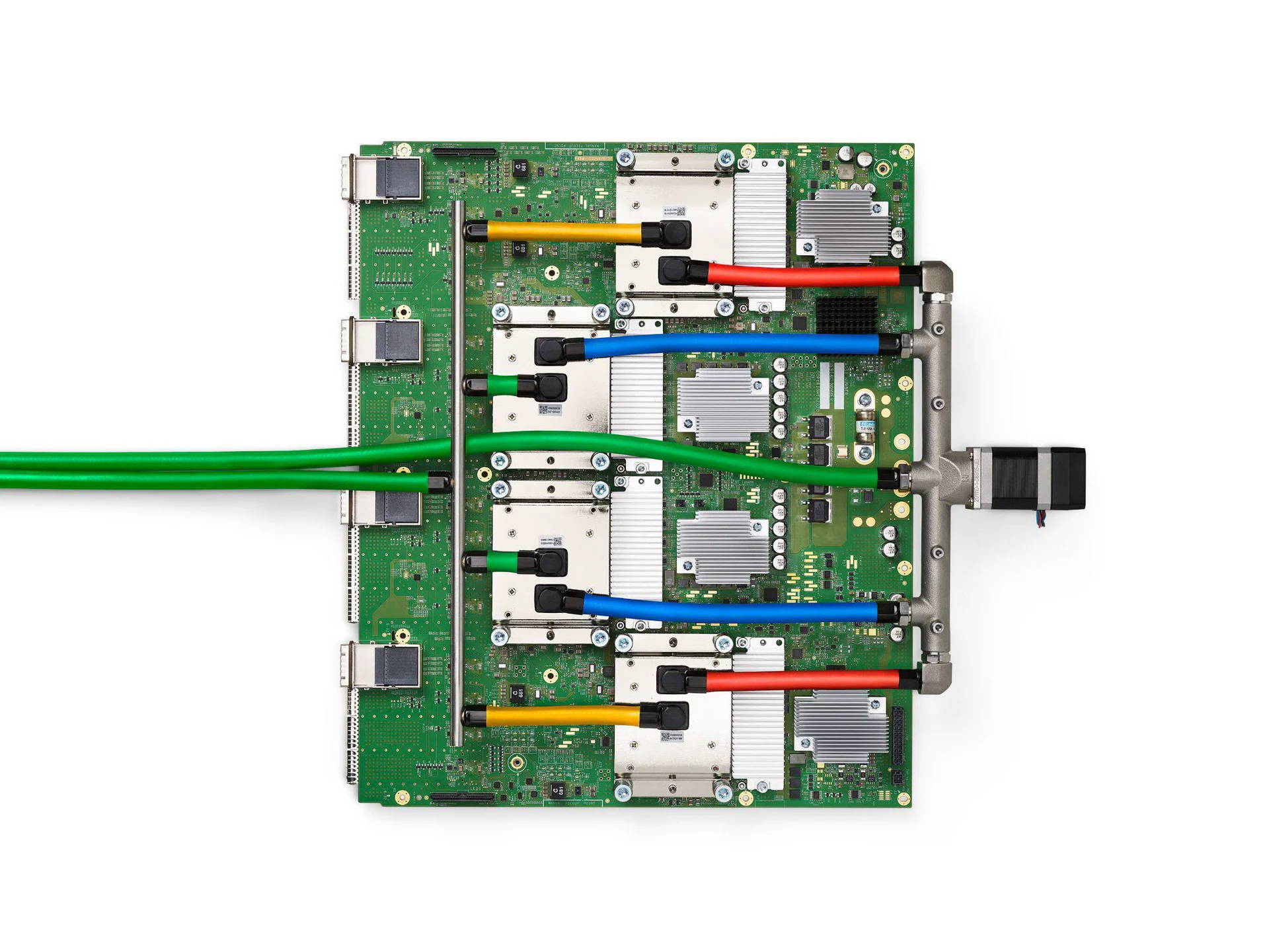 Google's TPU v4 board with four liquid-cooled chip packages.