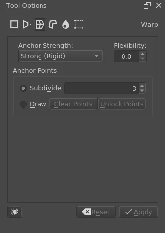 Bảng tùy chọn Warp trong Krita với Anchor Strength, Flexibility và Anchor Points