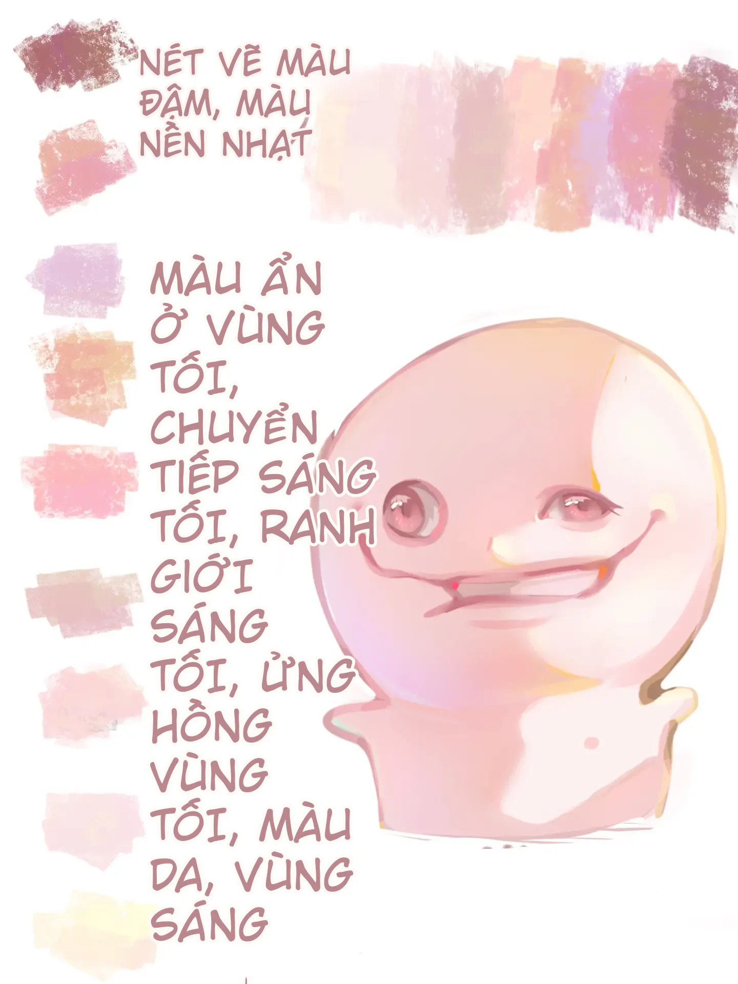 Sơ đồ màu hướng dẫn tô da anime với màu ẩn, vùng tối, chuyển tiếp, ửng hồng và vùng sáng