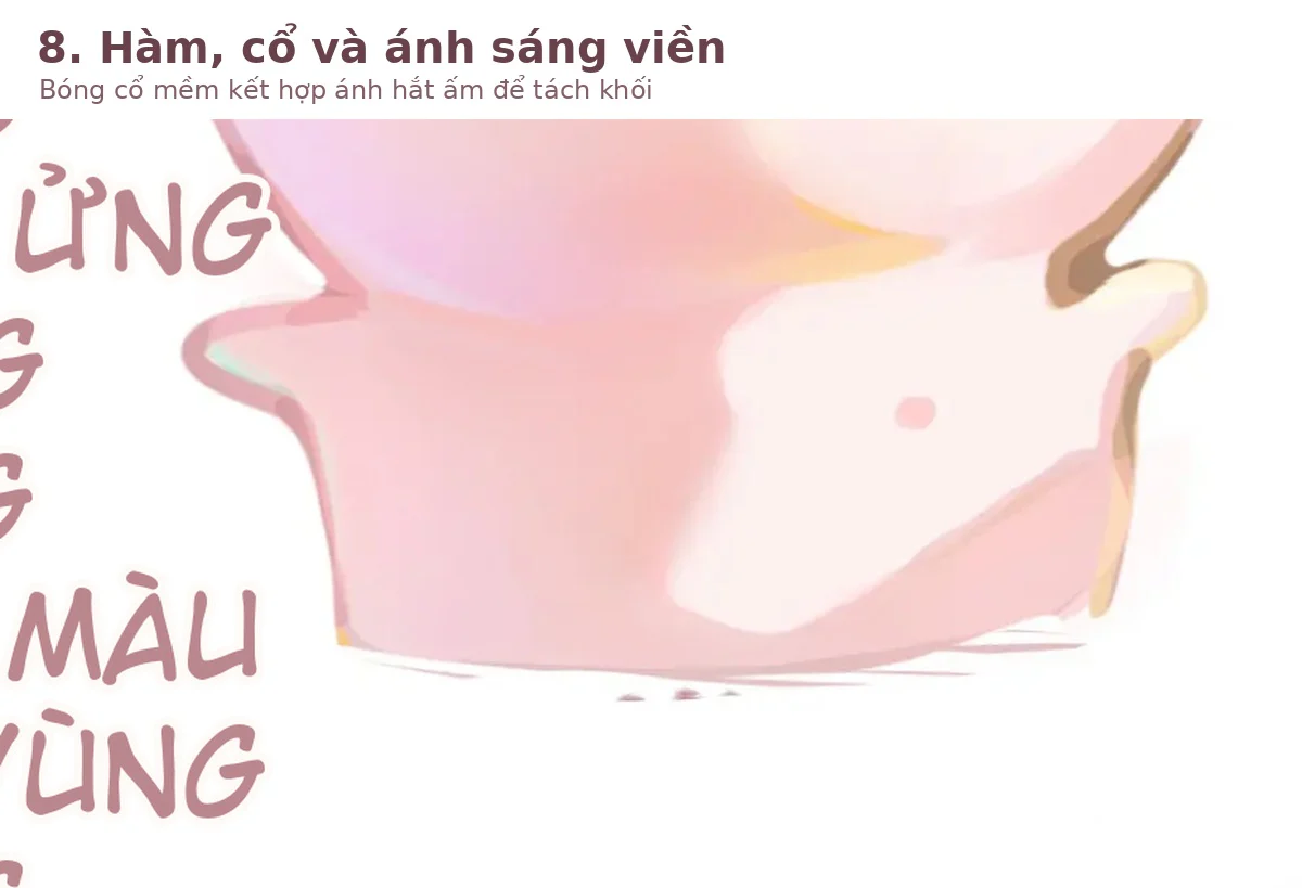 Chi tiết hàm, cổ, bóng tiếp xúc và ánh sáng viền ấm trên da anime