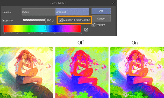 So sánh Color Match khi tắt và bật Maintain brightness trên cùng một tranh