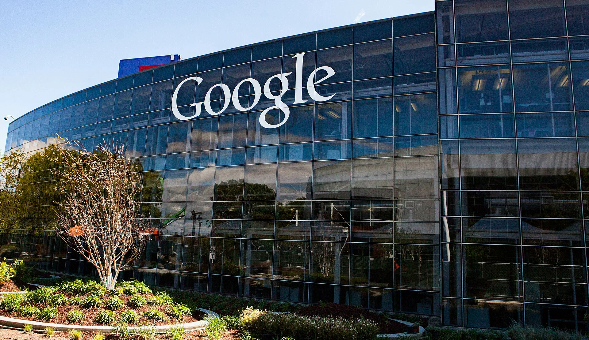 Google logo sign at Google headquarters in Mountain View.