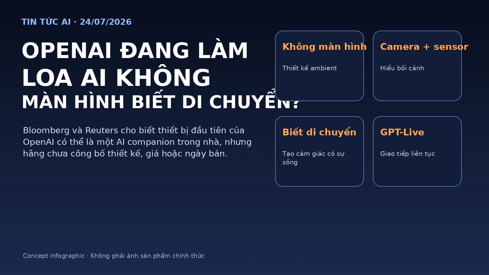 Concept infographic về thiết bị AI không màn hình của OpenAI, được báo chí mô tả có camera, cảm biến, chuyển động và GPT-Live.