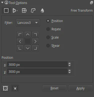 Bảng Tool Options của Krita với các thiết lập Free Transform và nút Apply