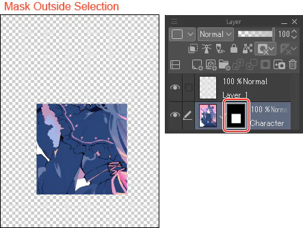 CLIP STUDIO PAINT Layer Mask: Ẩn–Hiện Và Sửa Tranh Không Phá Hủy 4 Kết quả Mask Outside Selection và thumbnail mask đen trắng
