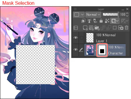 CLIP STUDIO PAINT Layer Mask: Ẩn–Hiện Và Sửa Tranh Không Phá Hủy 5 Kết quả Mask Selection che vùng chữ nhật ở giữa tranh