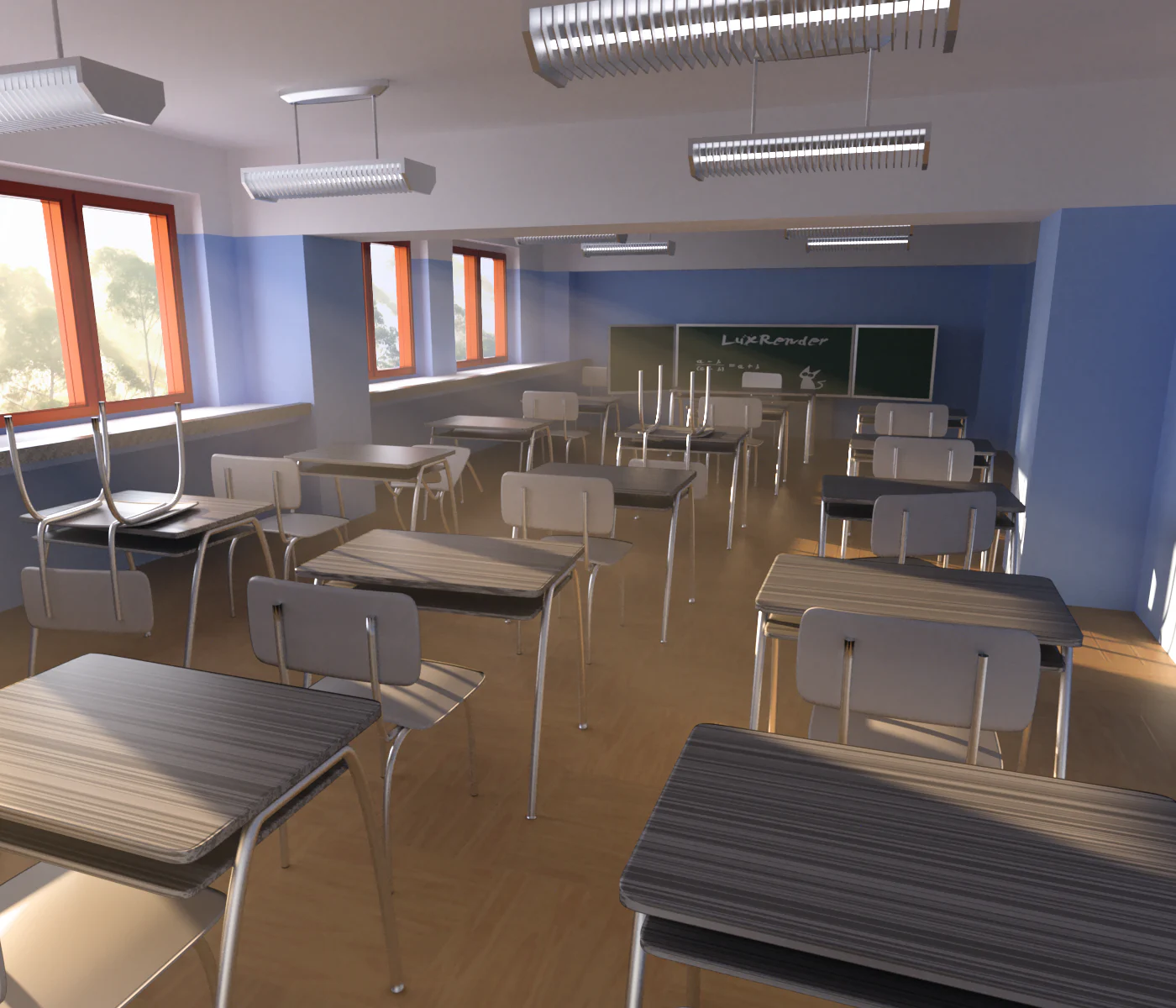 Bản render nội thất trường học được dựng bằng Blender, minh họa cách tạo background webtoon bằng mô hình 3D