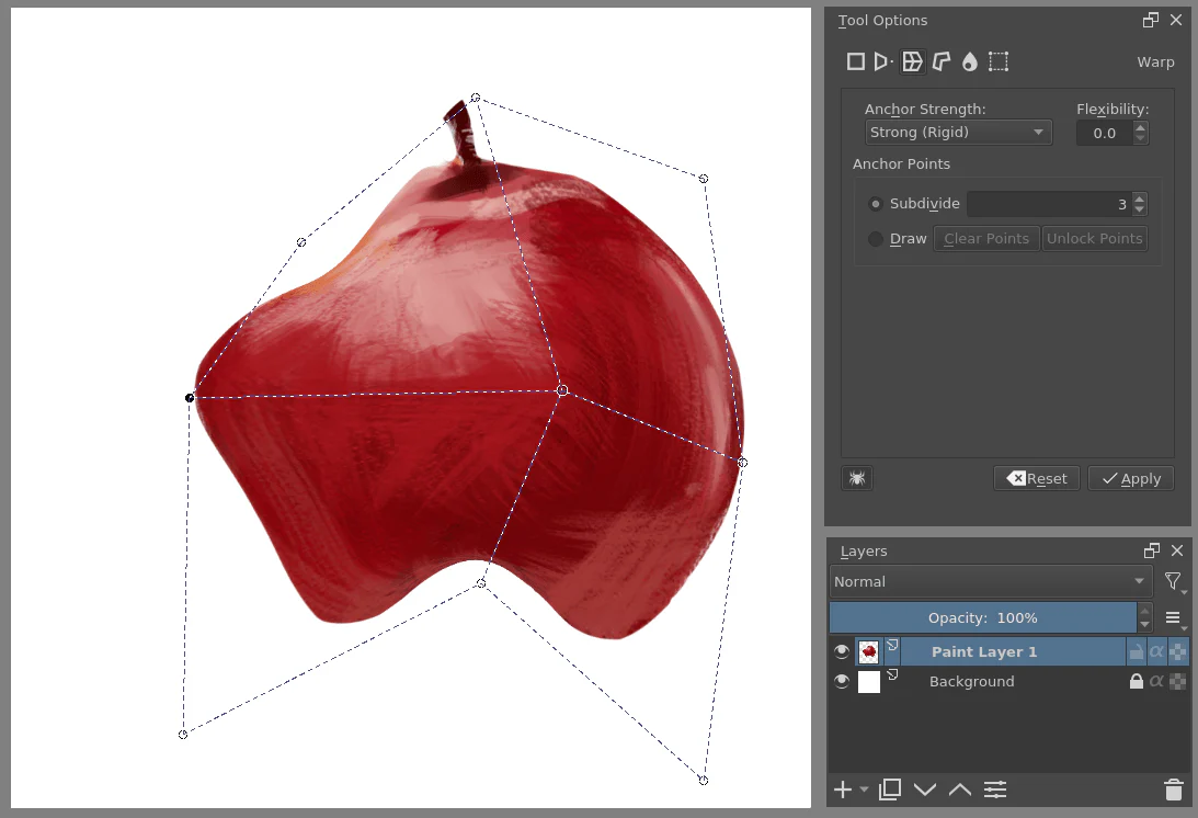 Krita biến dạng một nét đỏ bằng lưới Warp và các điểm neo