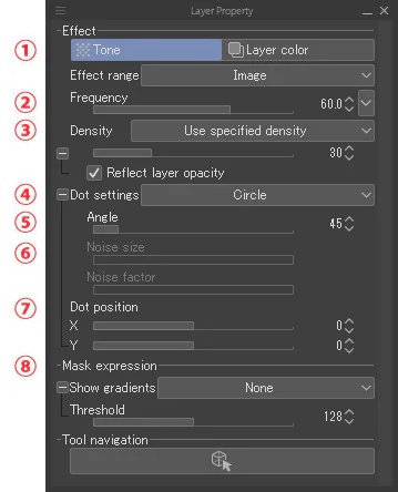 Bảng Layer Property của CLIP STUDIO PAINT với Frequency, Density, Dot settings và Angle cho tone