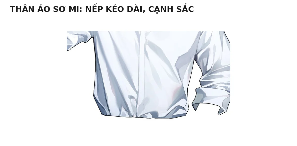 Cận cảnh thân áo sơ mi vải mỏng với các nếp kéo dài, mặt phẳng rõ và cạnh sáng tối tương đối sắc