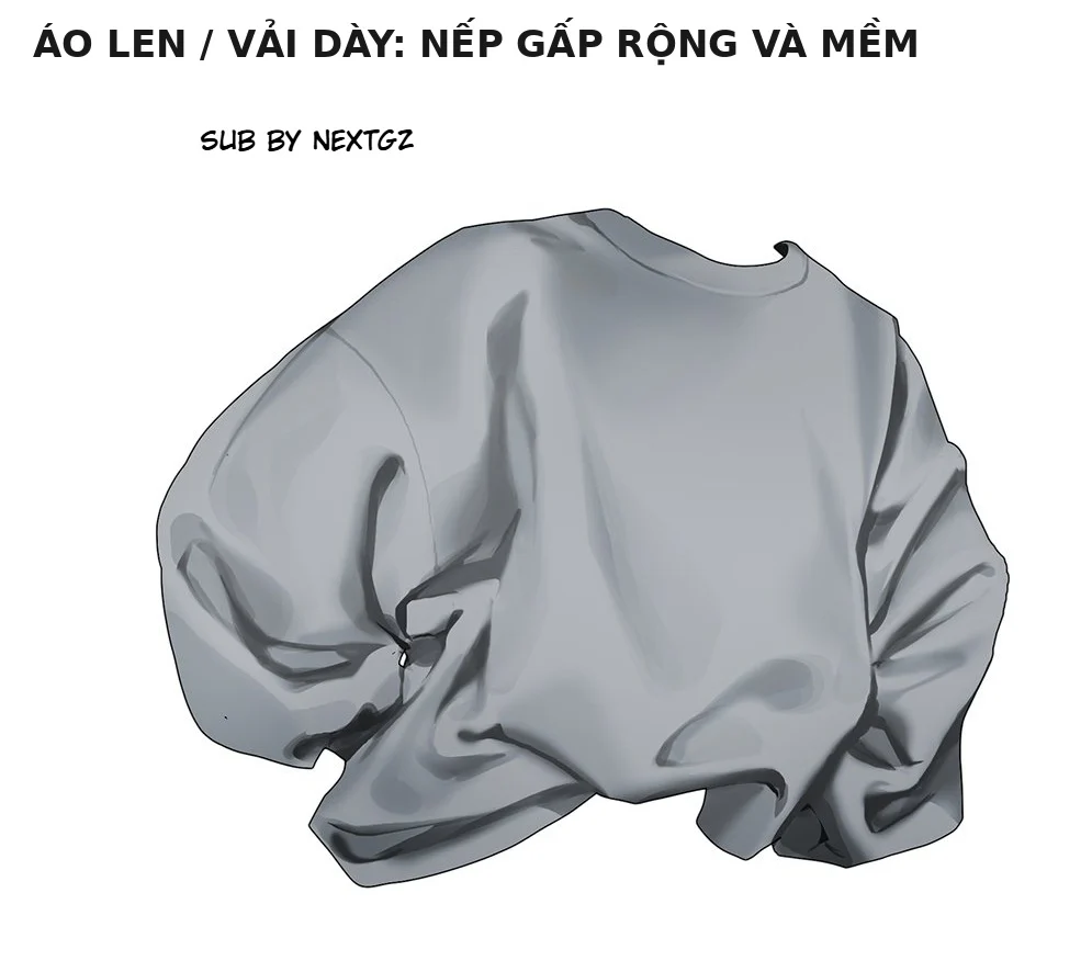 Áo len vải dày với các nếp gấp lớn, rộng, ít nếp nhỏ và cạnh chuyển mềm