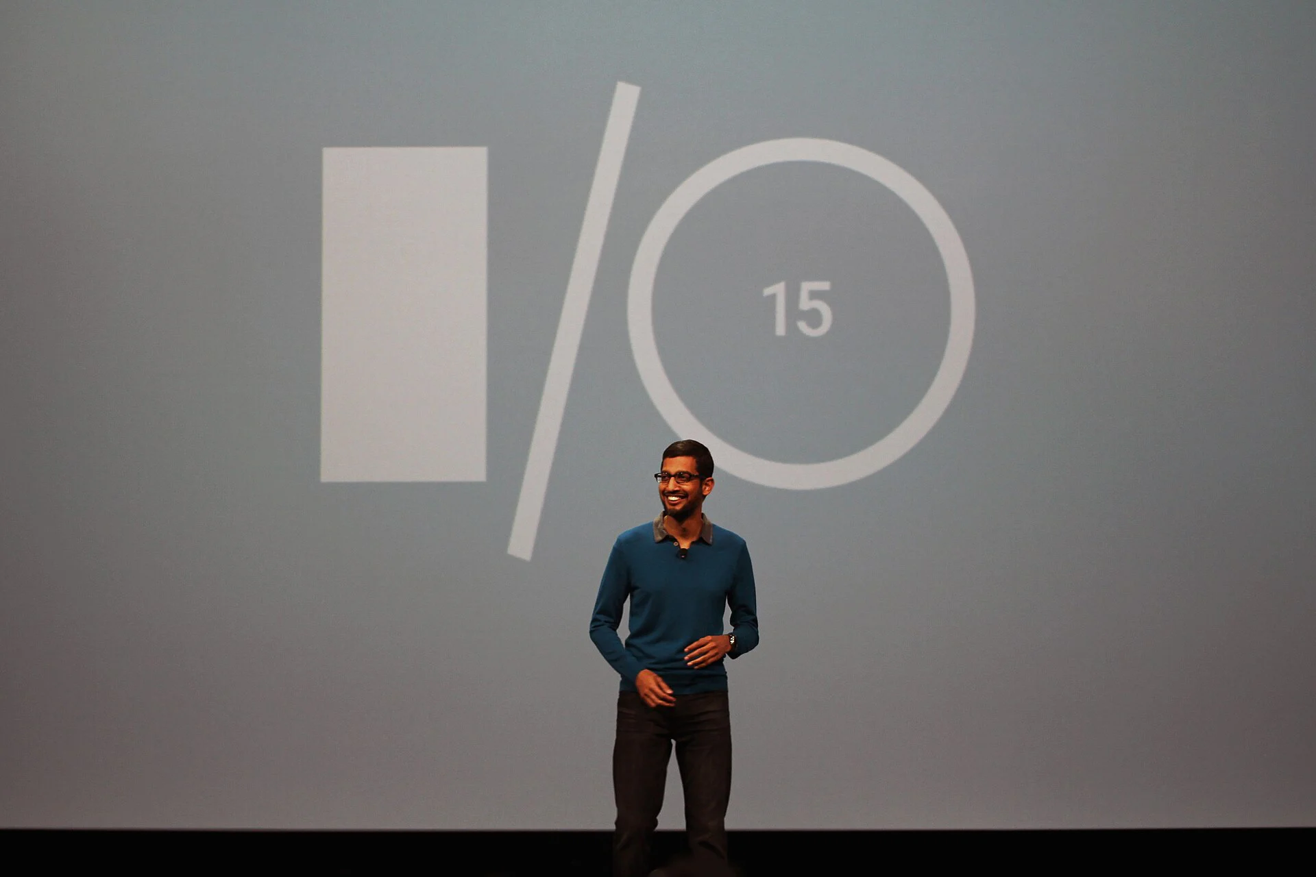 Sundar Pichai speaking on stage at the Google I/O developer conference.