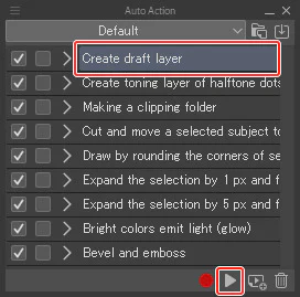 Bảng Auto Action và nút thao tác trong Clip Studio Paint