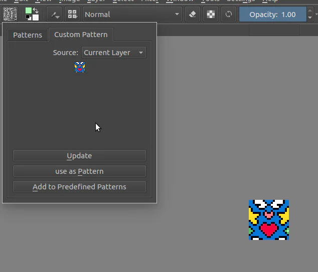 Tab Custom Pattern trong Krita với nguồn Current Layer và nút Update