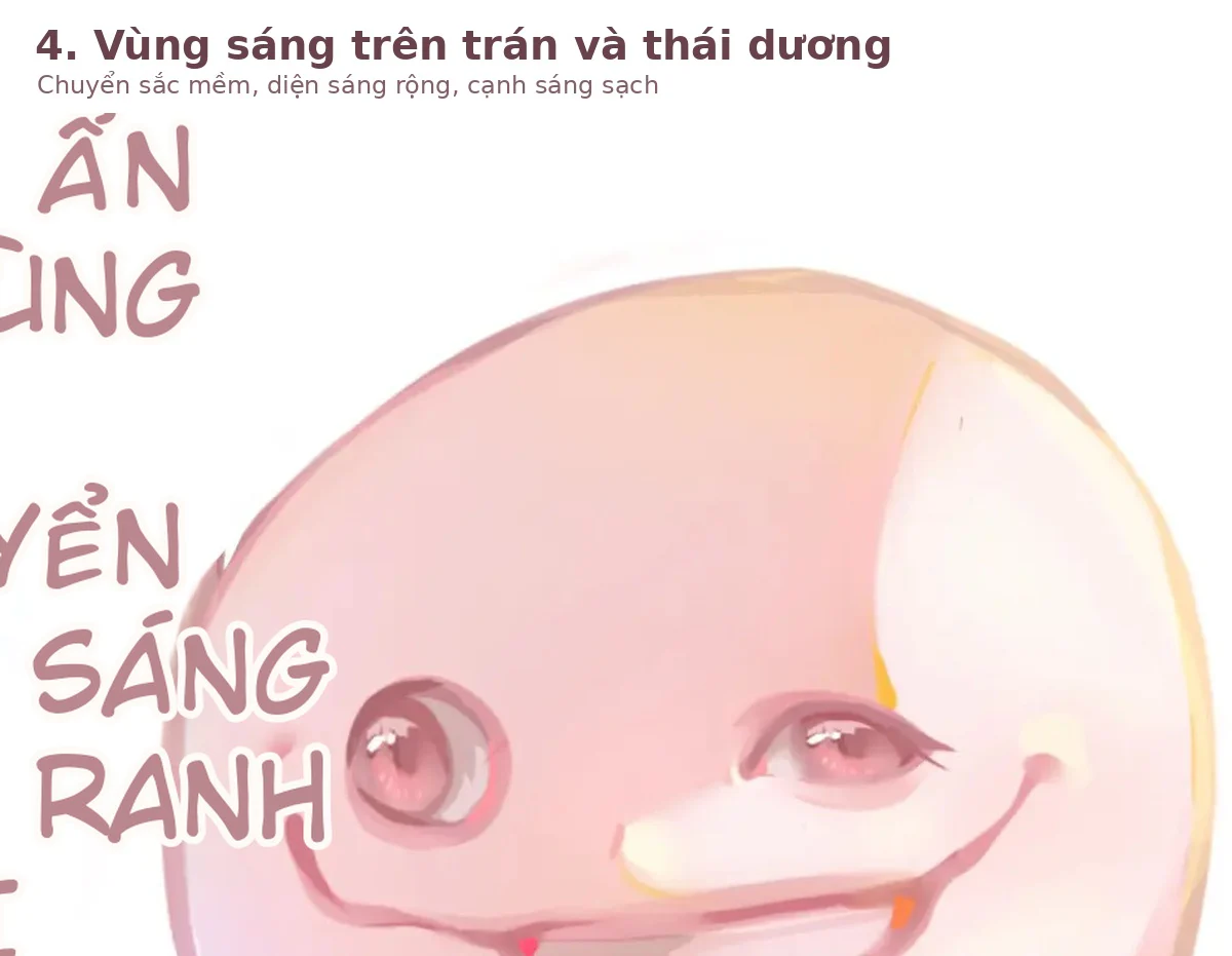 Chi tiết vùng sáng lớn trên trán và thái dương của khuôn mặt anime pastel