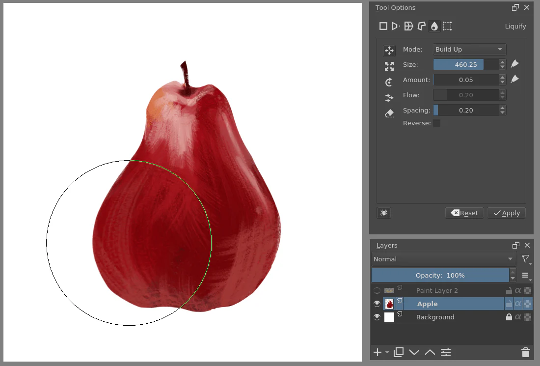 Krita dùng Liquify để nắn hình quả táo thành dạng quả lê