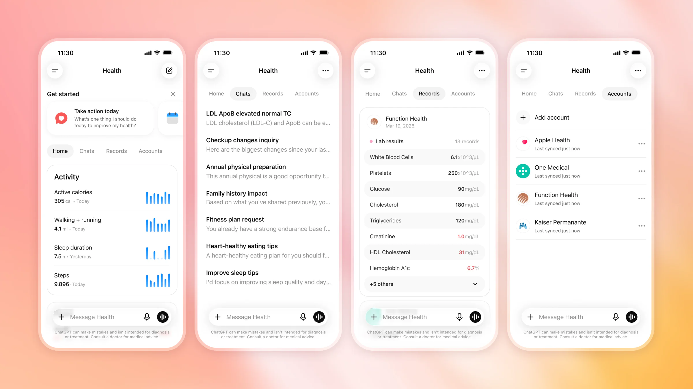 Bốn màn hình ChatGPT Health hiển thị chỉ số hoạt động, cuộc trò chuyện, hồ sơ xét nghiệm và tài khoản liên kết
