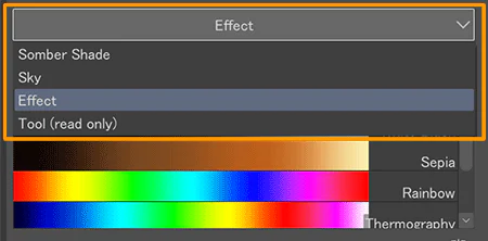 Danh sách Gradient Set trong Color Match với các bộ Somber Shade, Sky, Effect và Tool