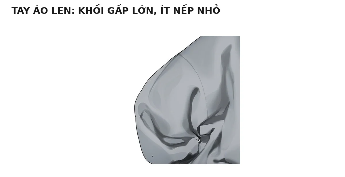 Cận cảnh tay áo len vải dày với các khối gấp lớn, ít nếp nhỏ và bóng chuyển mềm quanh khuỷu tay
