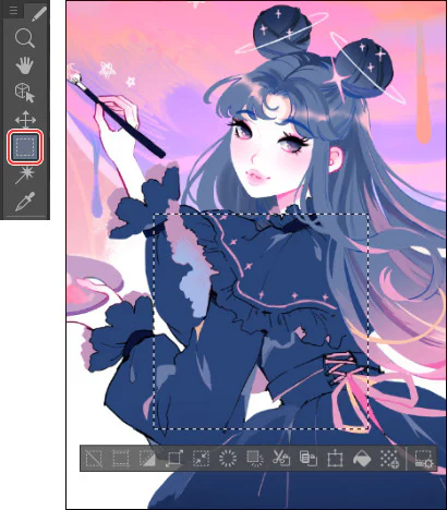 CLIP STUDIO PAINT Layer Mask: Ẩn–Hiện Và Sửa Tranh Không Phá Hủy 2 Tạo vùng chọn hình chữ nhật trên nhân vật trong CLIP STUDIO PAINT