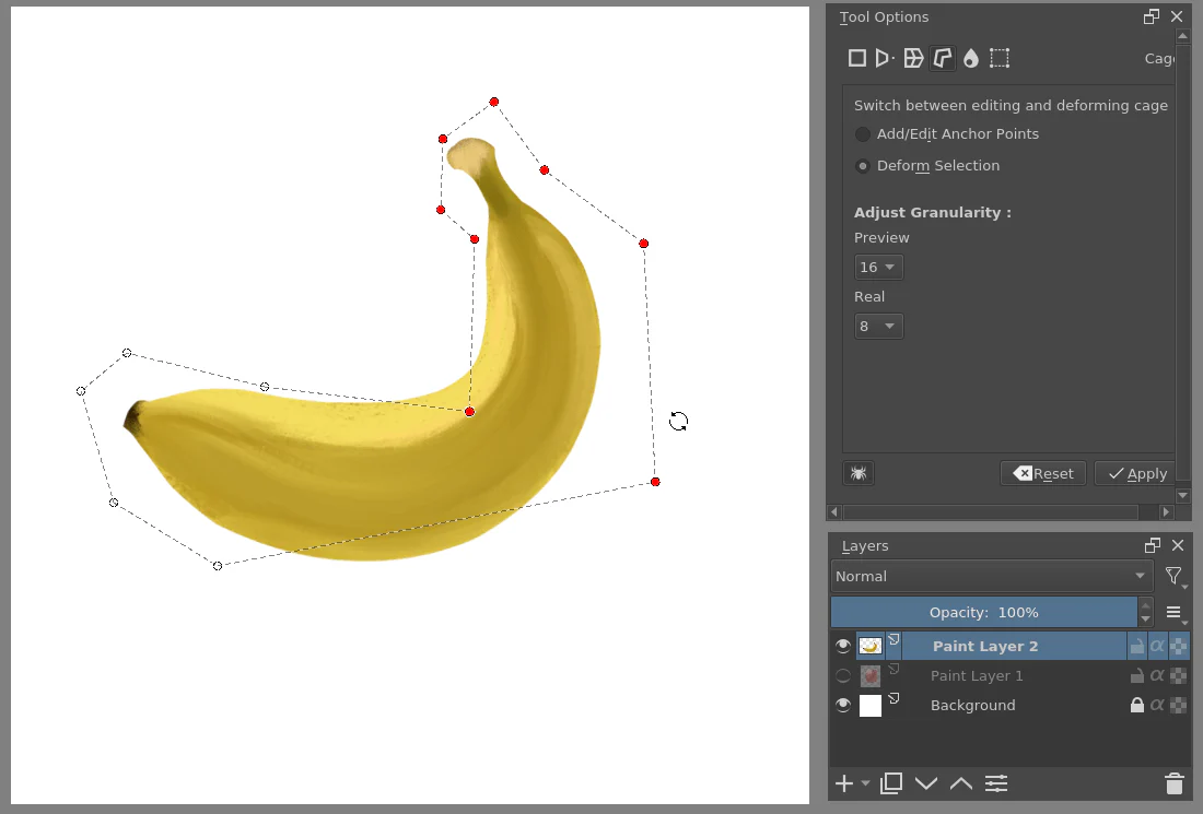 Krita dùng Cage Transform với các điểm neo bao quanh một quả chuối
