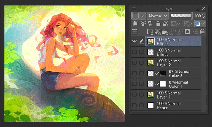 Bảng Layer của CLIP STUDIO PAINT với lớp raster màu được chọn trước khi dùng Color Match
