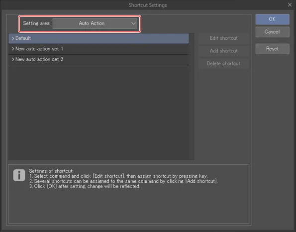 Hộp thoại Shortcut Settings với khu vực Auto Action