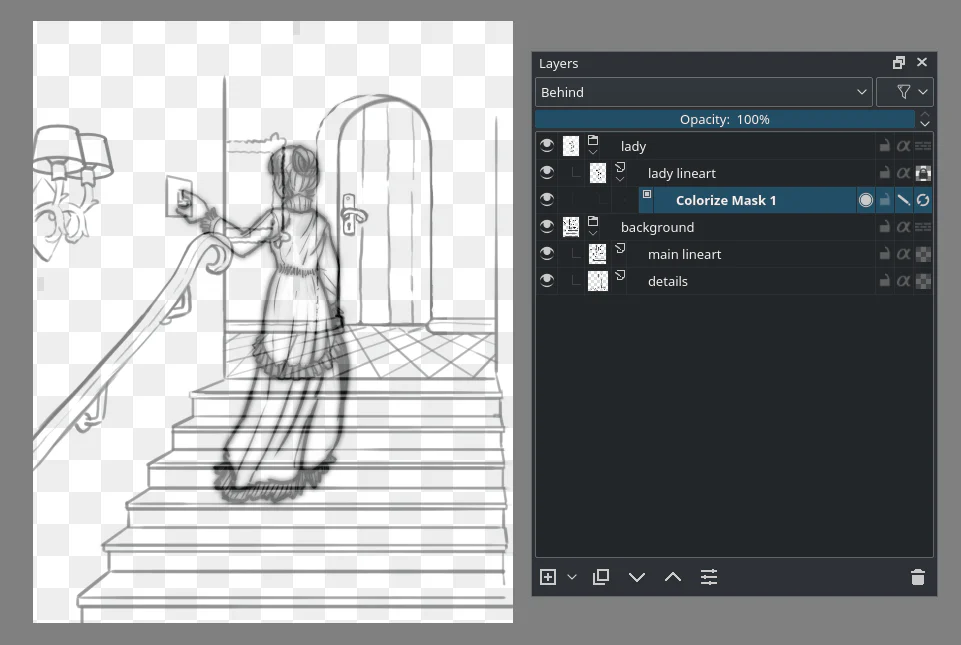 Lineart được tiền xử lý sau khi thêm Colorize Mask trong Krita
