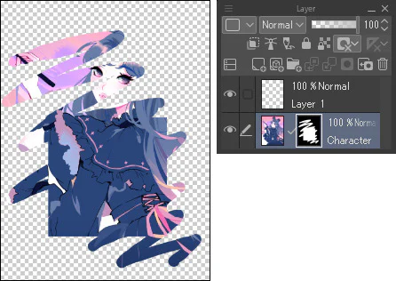CLIP STUDIO PAINT Layer Mask: Ẩn–Hiện Và Sửa Tranh Không Phá Hủy 7 Vẽ trên Layer Mask để hiện lại các dải nội dung của nhân vật