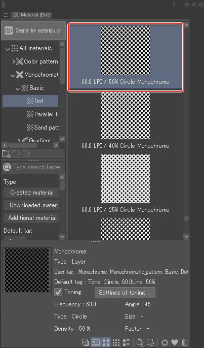 Bảng Material của CLIP STUDIO PAINT hiển thị các mẫu halftone chấm tròn theo mật độ