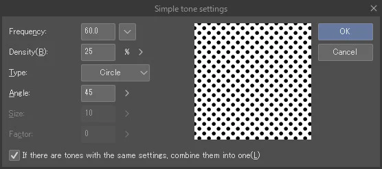 Hộp Simple Tone Settings của CLIP STUDIO PAINT với Frequency, Density, Type và Angle