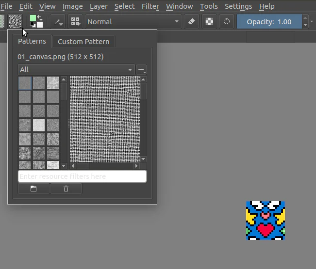 Canvas Krita với ô họa tiết nhỏ và menu Patterns đang mở