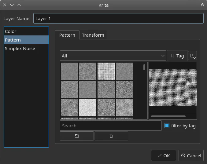 Hộp thoại Fill Layer của Krita với mục Pattern đang được chọn