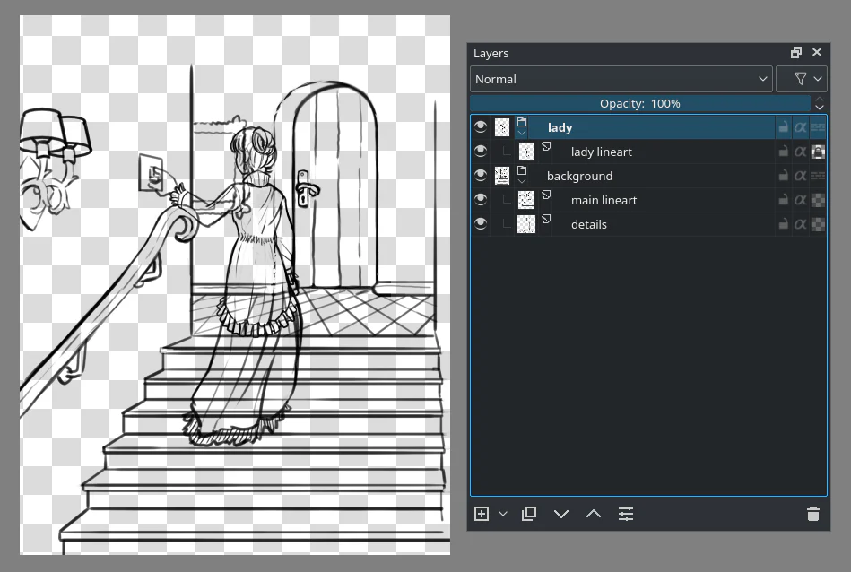 Lineart nhân vật và cấu trúc layer trước khi tạo Colorize Mask trong Krita