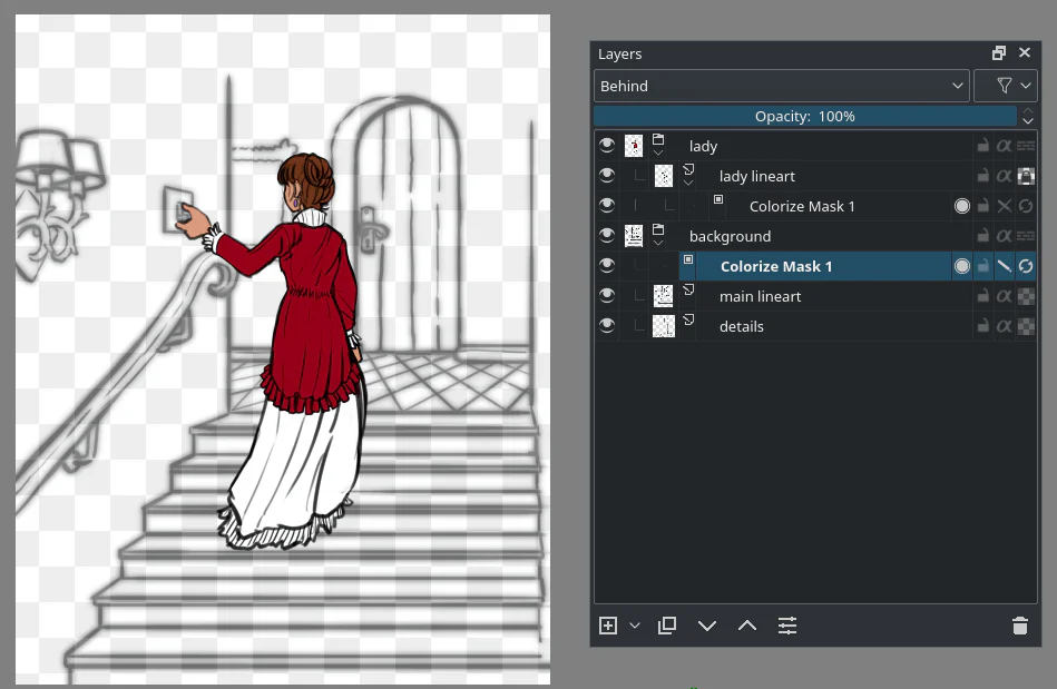 Colorize Mask được gắn vào nhóm nhiều layer lineart trong Krita