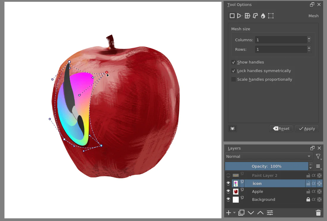 Krita đặt lưới Mesh và các điểm điều khiển Bézier lên hình quả táo