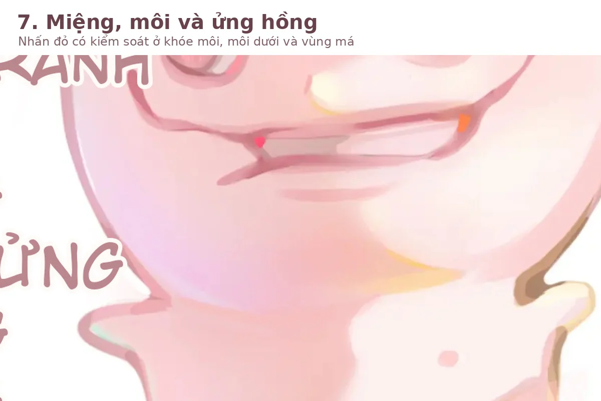 Chi tiết miệng, môi dưới và các điểm ửng hồng trên khuôn mặt anime pastel