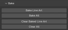 Bảng Bake với các lệnh Bake Line Art, Bake All, Clear Baked Line Art và Clear All
