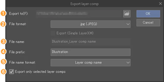 Hộp thoại Export layer comp với định dạng file và quy tắc đặt tên