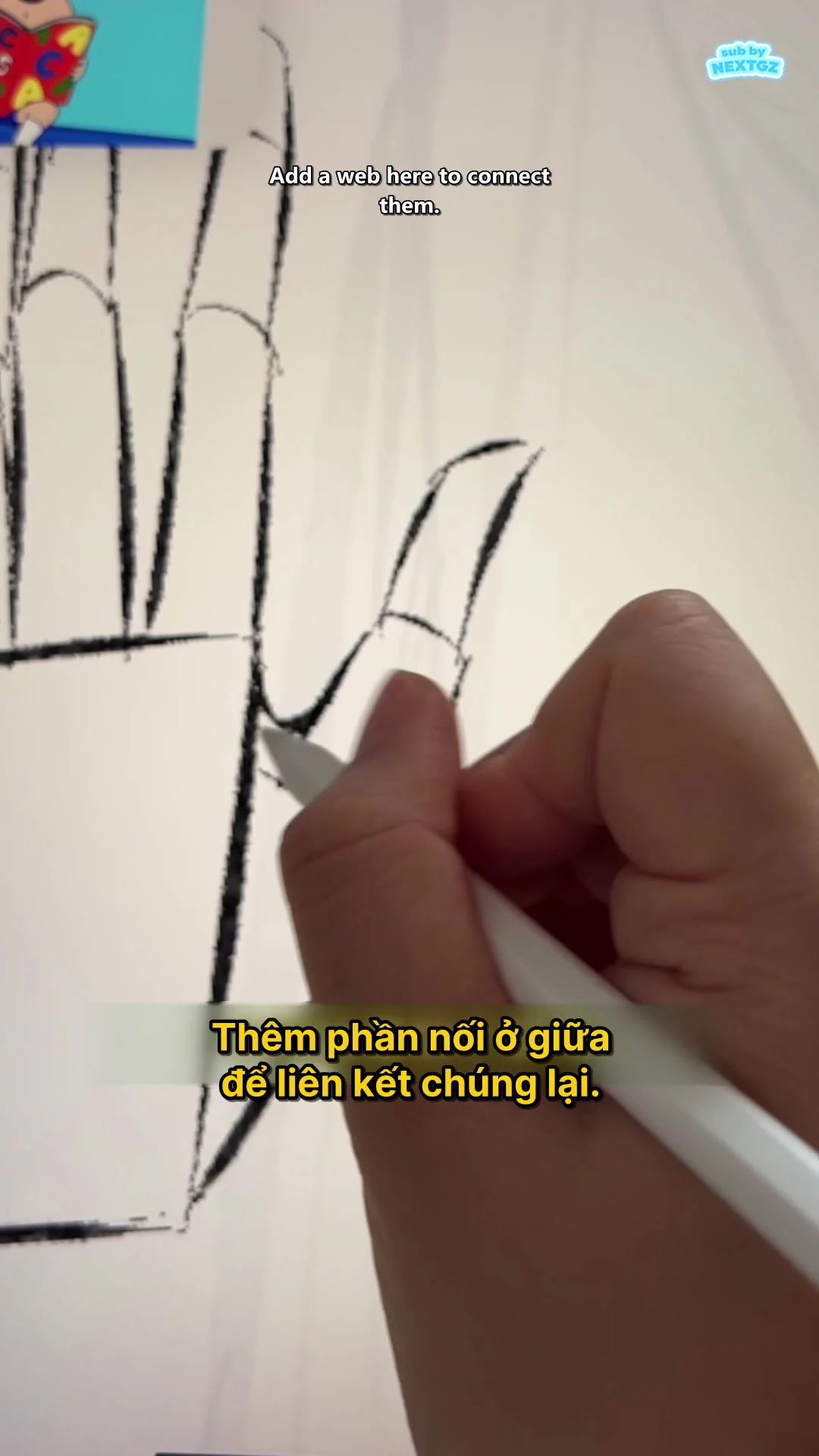 Frame thêm phần màng nối giữa ngón cái và lòng bàn tay để hai khối liên kết tự nhiên.