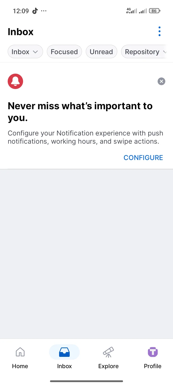 Màn hình hộp thư GitHub Mobile dùng để theo dõi thông báo, pull request và yêu cầu review.