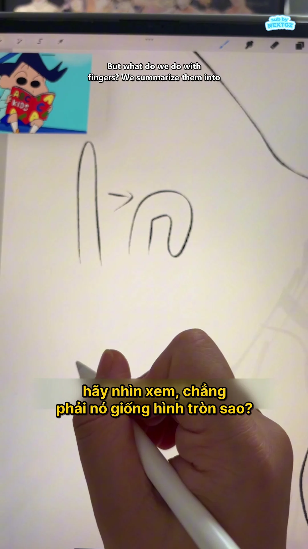 Frame minh họa chuyển từ ngón tay thẳng sang hình cong, nhấn mạnh phải hiểu ngón tay như một khối có thể xoay.
