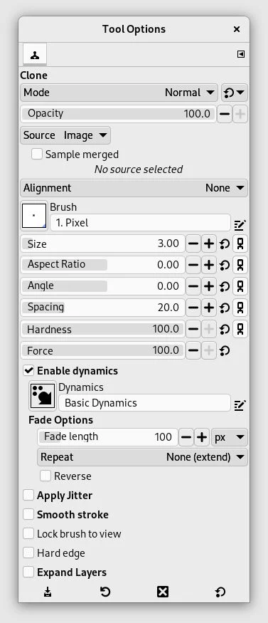 Bảng Clone Tool Options với Source Image, Sample merged, Alignment, Brush, Size và Hard edge