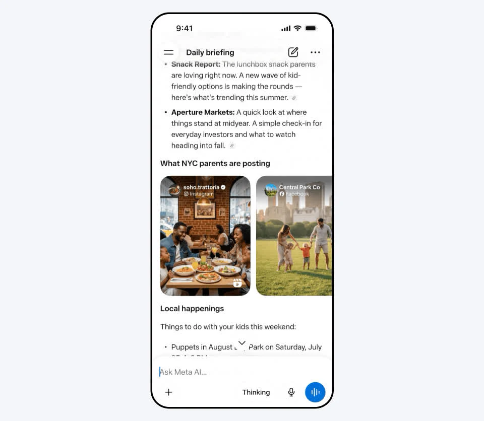 Giao diện Daily Briefing của Meta AI tổng hợp các cập nhật và hoạt động trong ngày