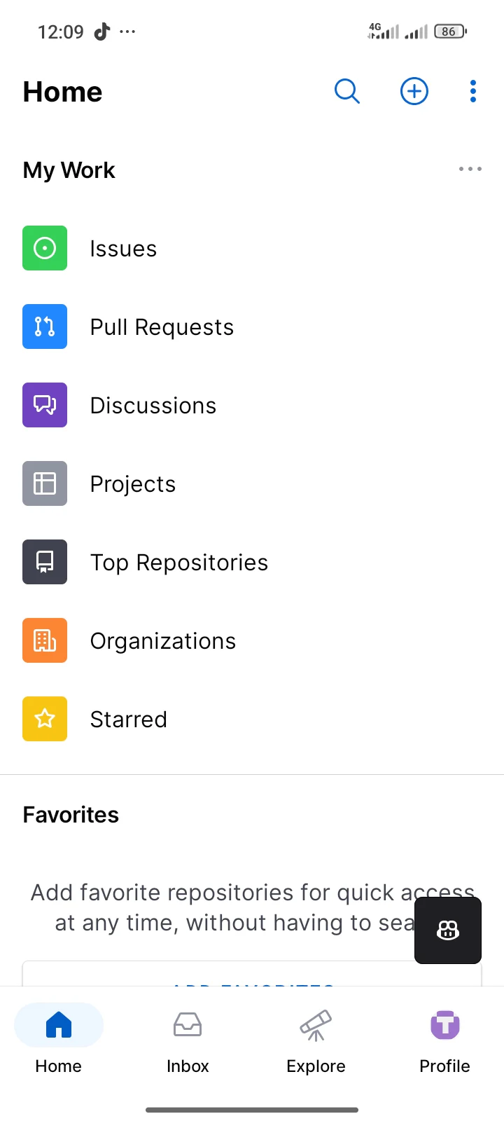 Màn hình trang chủ ứng dụng GitHub Mobile với lối tắt tới Issues, Pull Requests, Projects và repository.