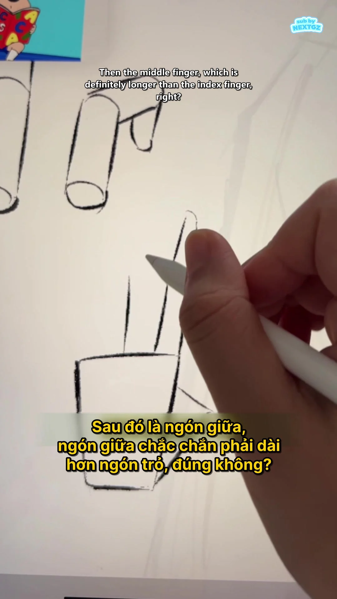 Frame so sánh chiều dài ngón giữa và ngón trỏ khi sắp xếp tỷ lệ các ngón trên bàn tay.
