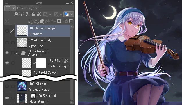 Bảng Layer của CLIP STUDIO PAINT chuẩn bị trạng thái hiển thị Moonlit night